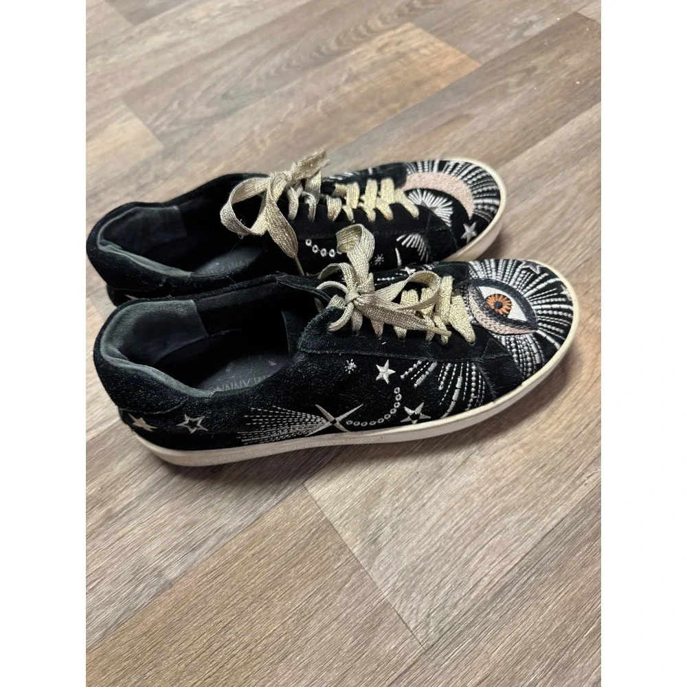 Johnny Was Black Suede Celestial Embroidered Sneakers Evil Eye Womens 7